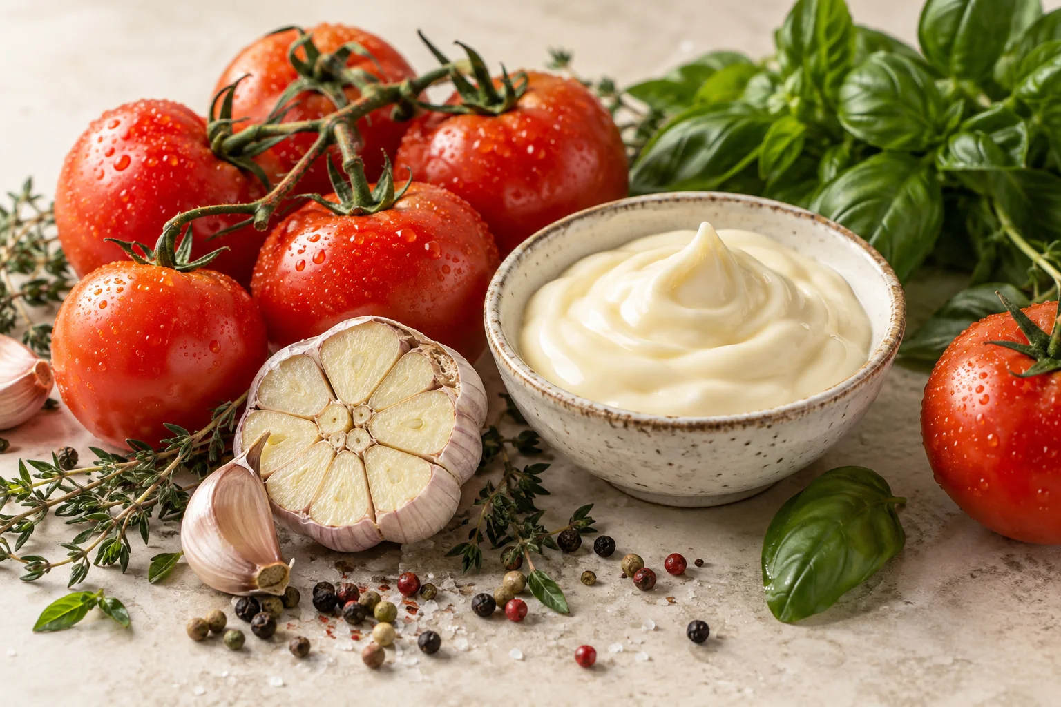 Fresh tomatoes, garlic, herbs, peppercorns and a bowl of creamy mayonnaise